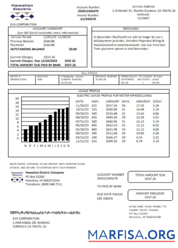 Realistic Hawaiian Electric utility business bill, SCR real example